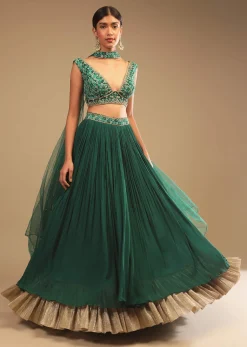 Emerald Green Lehenga In Georgette With A Plunging Neck Crop Top Featuring Floral Hand Work And Choker Dupatta