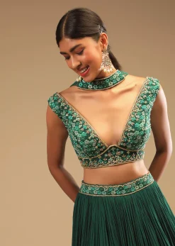 Emerald Green Lehenga In Georgette With A Plunging Neck Crop Top Featuring Floral Hand Work And Choker Dupatta
