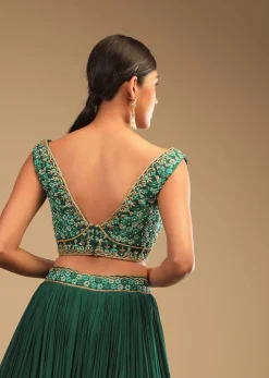 Emerald Green Lehenga In Georgette With A Plunging Neck Crop Top Featuring Floral Hand Work And Choker Dupatta