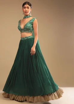Emerald Green Lehenga In Georgette With A Plunging Neck Crop Top Featuring Floral Hand Work And Choker Dupatta