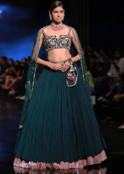 Emerald Green Lehenga With Hand Embroidered Choli Using Multi Colored Floral Motifs