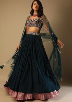 Emerald Green Lehenga With Hand Embroidered Choli Using Multi Colored Floral Motifs