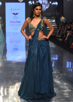 Emerald Green Pre Drape Saree With Floral Buttis And Embroidered Blouse - NOOR 2022