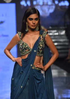 Emerald Green Pre Drape Saree With Floral Buttis And Embroidered Blouse - NOOR 2022