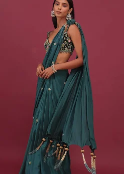 Emerald Green Pre Drape Saree With Floral Buttis And Embroidered Blouse - NOOR 2022