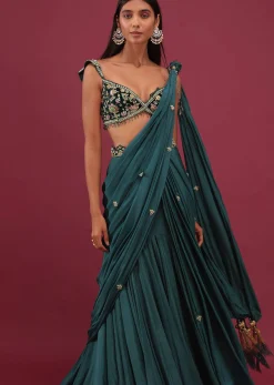 Emerald Green Pre Drape Saree With Floral Buttis And Embroidered Blouse - NOOR 2022