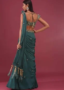 Emerald Green Pre Drape Saree With Floral Buttis And Embroidered Blouse - NOOR 2022