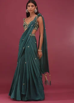 Emerald Green Pre Drape Saree With Floral Buttis And Embroidered Blouse - NOOR 2022
