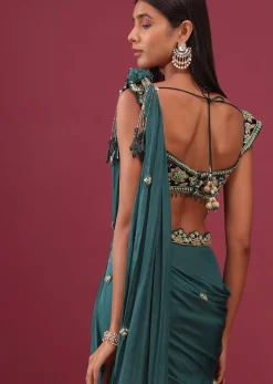 Emerald Green Pre Drape Saree With Floral Buttis And Embroidered Blouse - NOOR 2022
