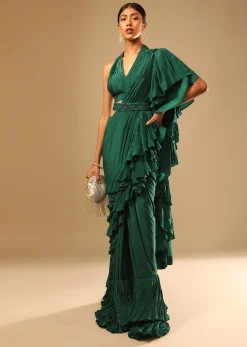 Emerald Green Ready Pleated Ruffle Saree With A Halter Neck Blouse And 3D Embroidered Belt