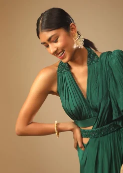 Emerald Green Ready Pleated Ruffle Saree With A Halter Neck Blouse And 3D Embroidered Belt
