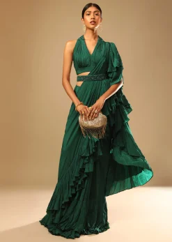 Emerald Green Ready Pleated Ruffle Saree With A Halter Neck Blouse And 3D Embroidered Belt