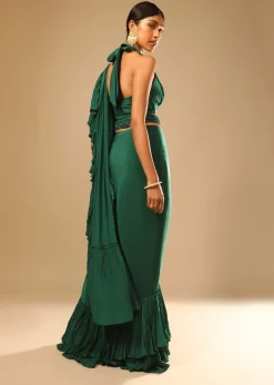 Emerald Green Ready Pleated Ruffle Saree With A Halter Neck Blouse And 3D Embroidered Belt