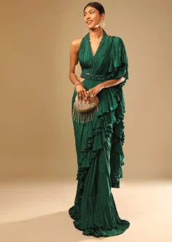 Emerald Green Ready Pleated Ruffle Saree With A Halter Neck Blouse And 3D Embroidered Belt