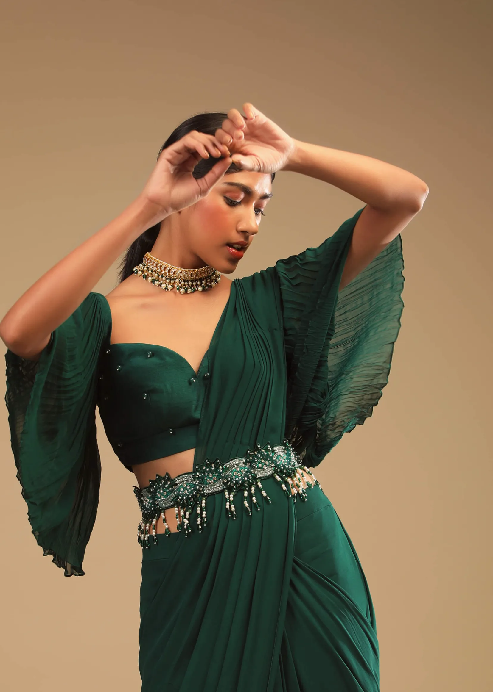 Emerald Green Ready To Wear Saree In Georgette With Bell Sleeves Crop Top And Chunky Embroidered Belt