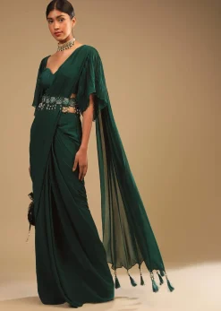 Emerald Green Ready To Wear Saree In Georgette With Bell Sleeves Crop Top And Chunky Embroidered Belt