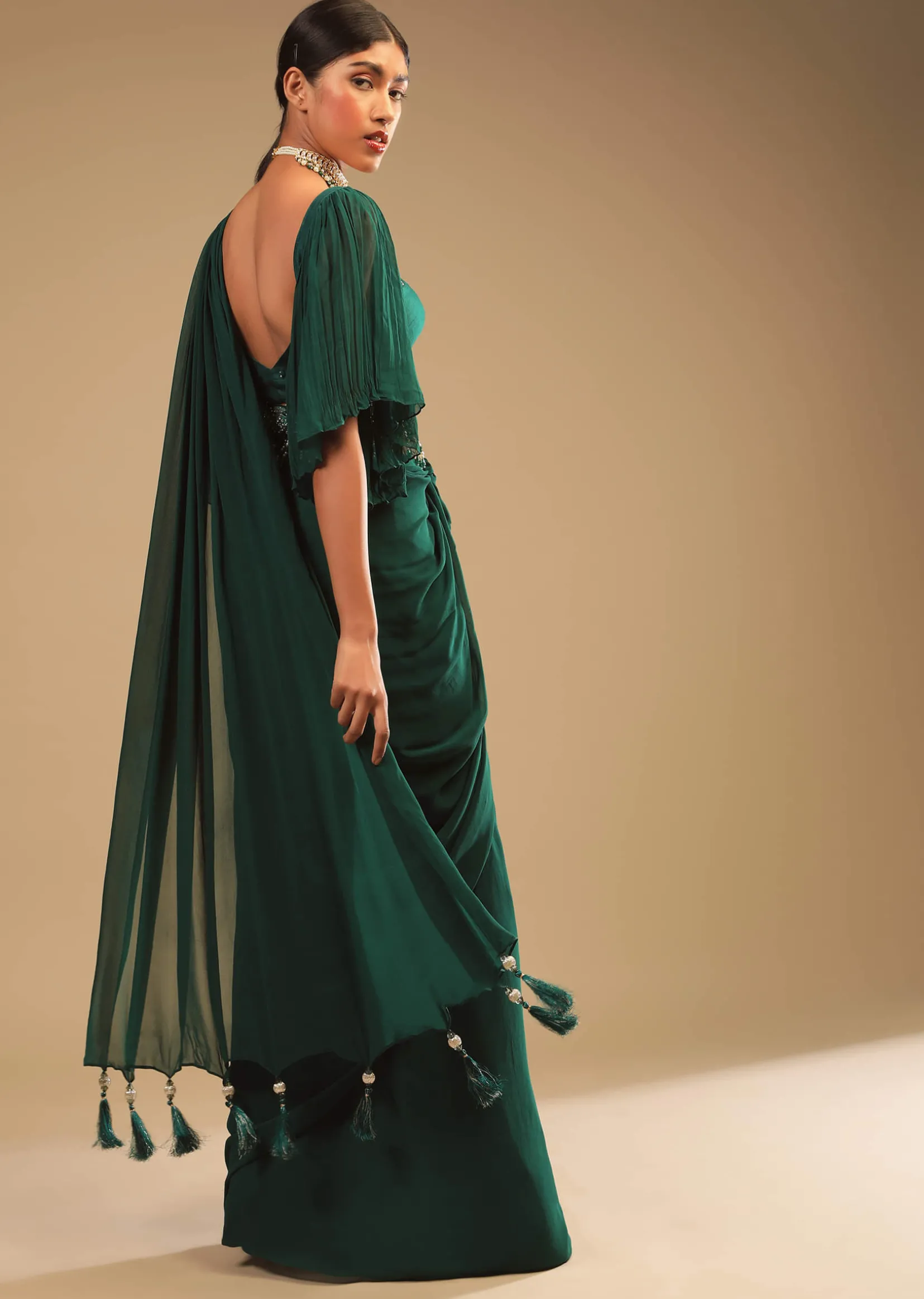 Emerald Green Ready To Wear Saree In Georgette With Bell Sleeves Crop Top And Chunky Embroidered Belt