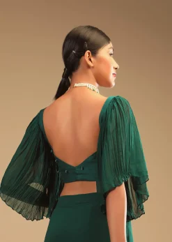 Emerald Green Ready To Wear Saree In Georgette With Bell Sleeves Crop Top And Chunky Embroidered Belt