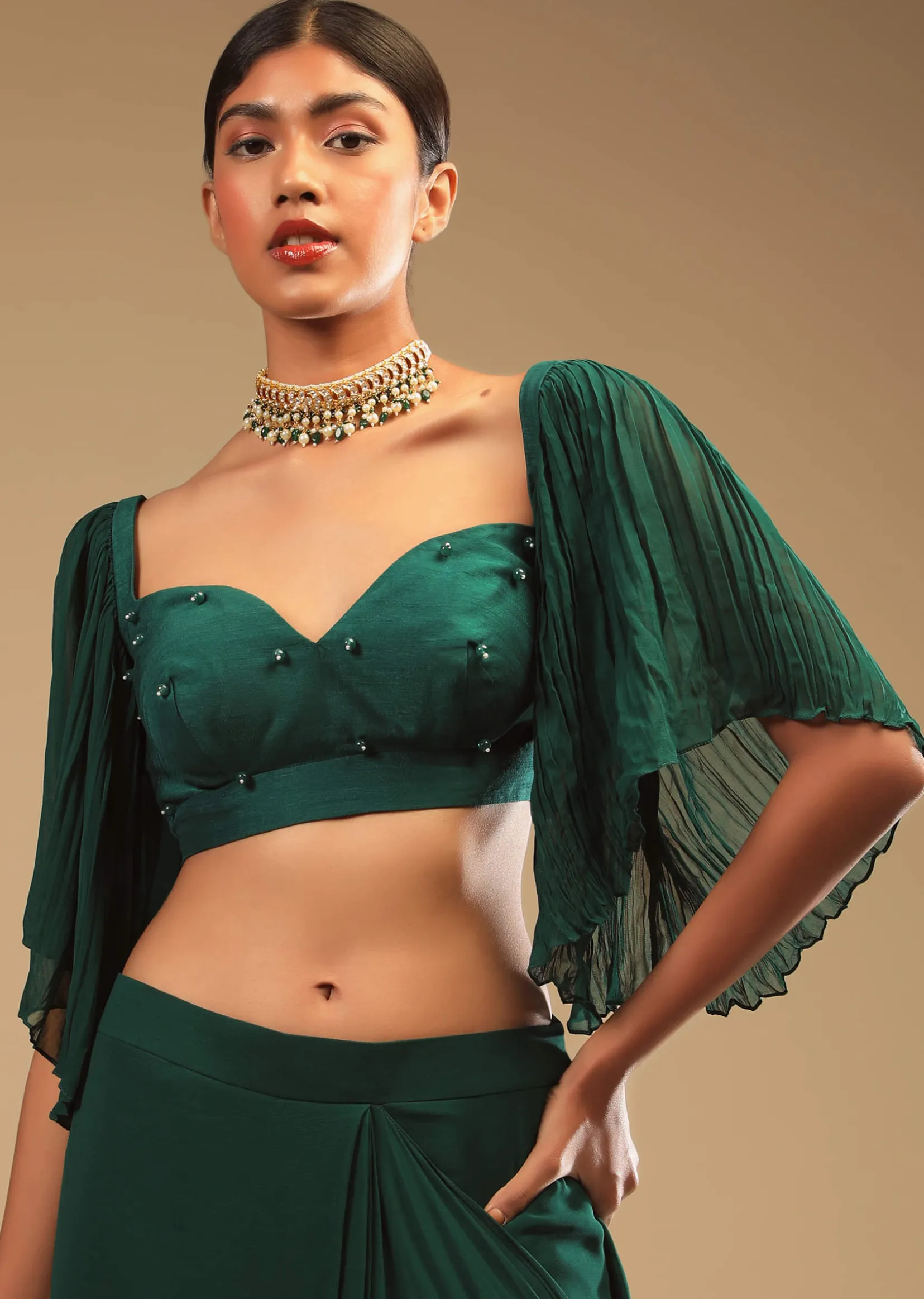 Emerald Green Ready To Wear Saree In Georgette With Bell Sleeves Crop Top And Chunky Embroidered Belt