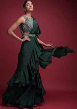 Emerald Green Saree In Crepe With Ruffled Pallu And Layered Ruffles On The Pleats