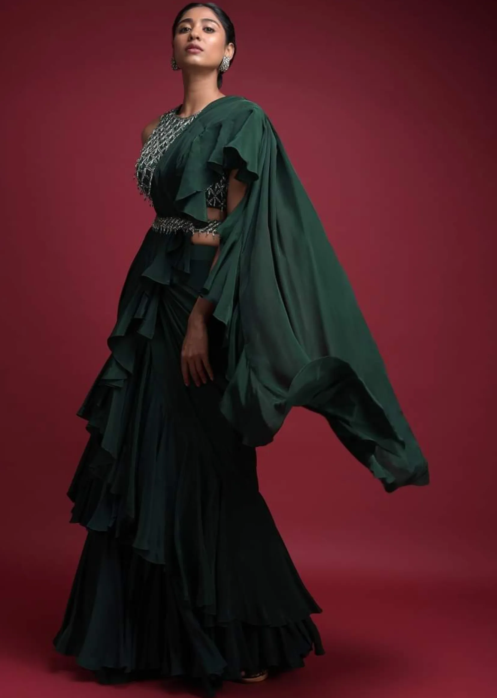 Emerald Green Saree In Crepe With Ruffled Pallu And Layered Ruffles On The Pleats