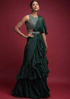 Emerald Green Saree In Crepe With Ruffled Pallu And Layered Ruffles On The Pleats