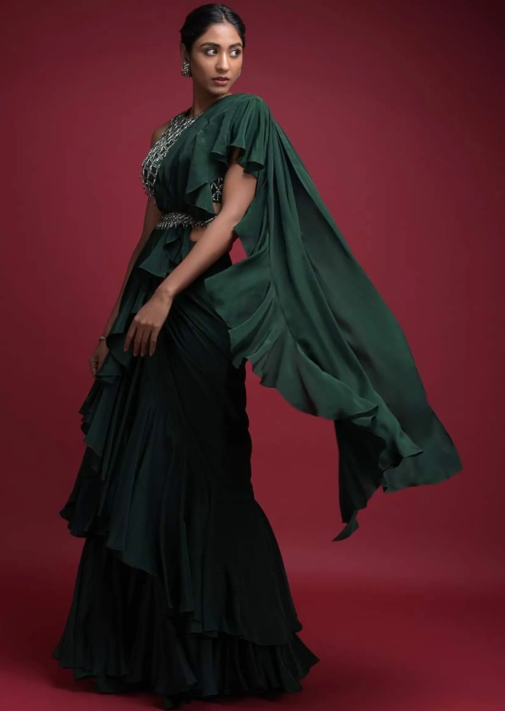 Emerald Green Saree In Crepe With Ruffled Pallu And Layered Ruffles On The Pleats