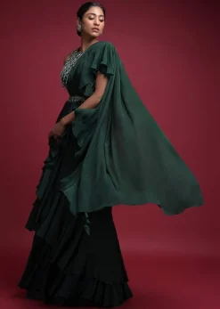 Emerald Green Saree In Crepe With Ruffled Pallu And Layered Ruffles On The Pleats