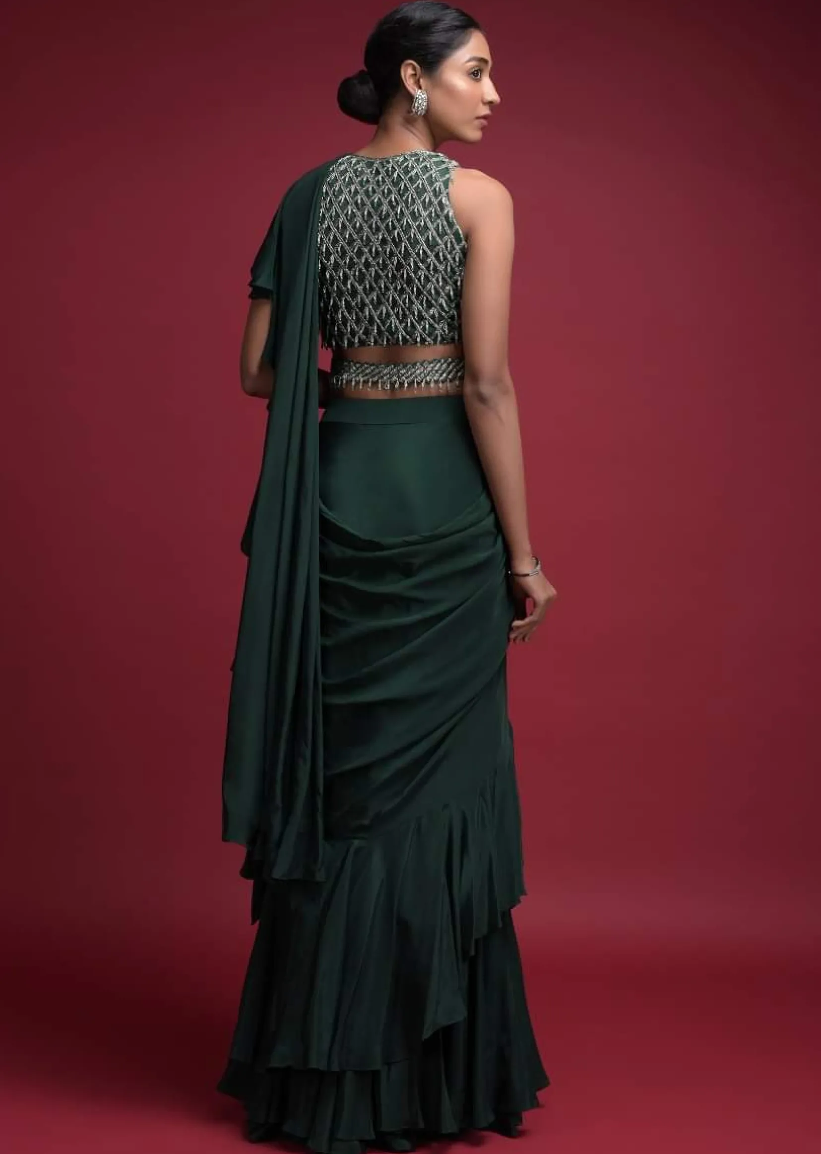 Emerald Green Saree In Crepe With Ruffled Pallu And Layered Ruffles On The Pleats