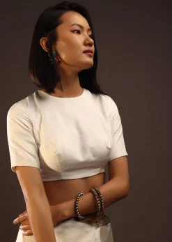 Erget White Half Sleeves Blouse In U Neckline