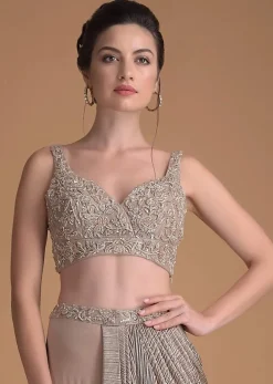 Eve Champagne Blouse With Cut Dana And Zardosi Embroidered Jaal Work And Sweetheart Neckline