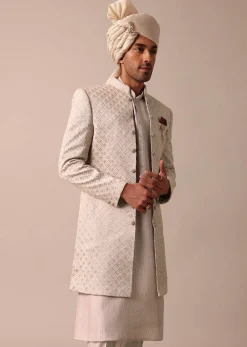 Exquisite Beige Silk Sherwani With Intricate Embroidery