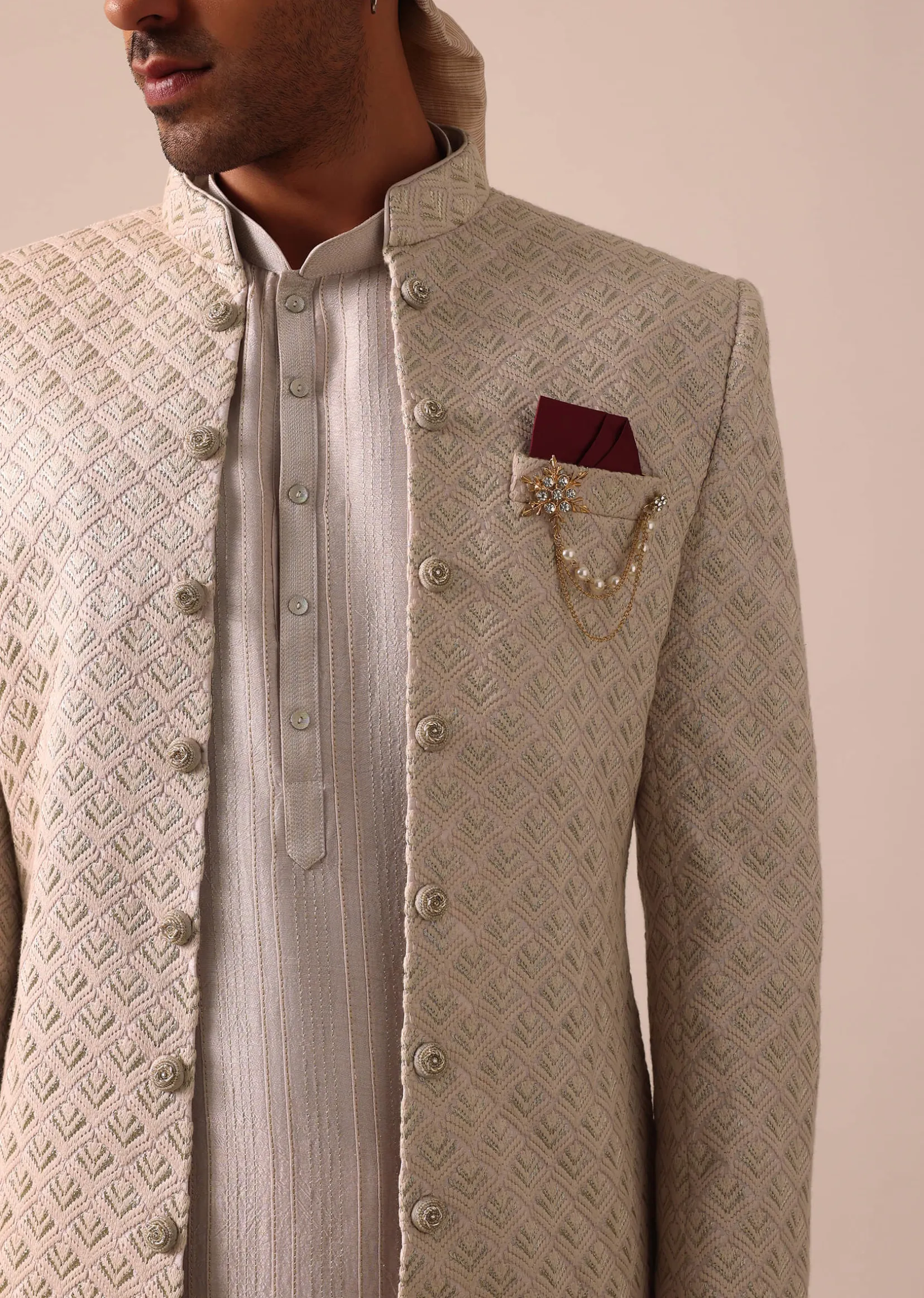 Exquisite Beige Silk Sherwani With Intricate Embroidery