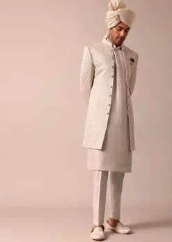 Exquisite Beige Silk Sherwani With Intricate Embroidery