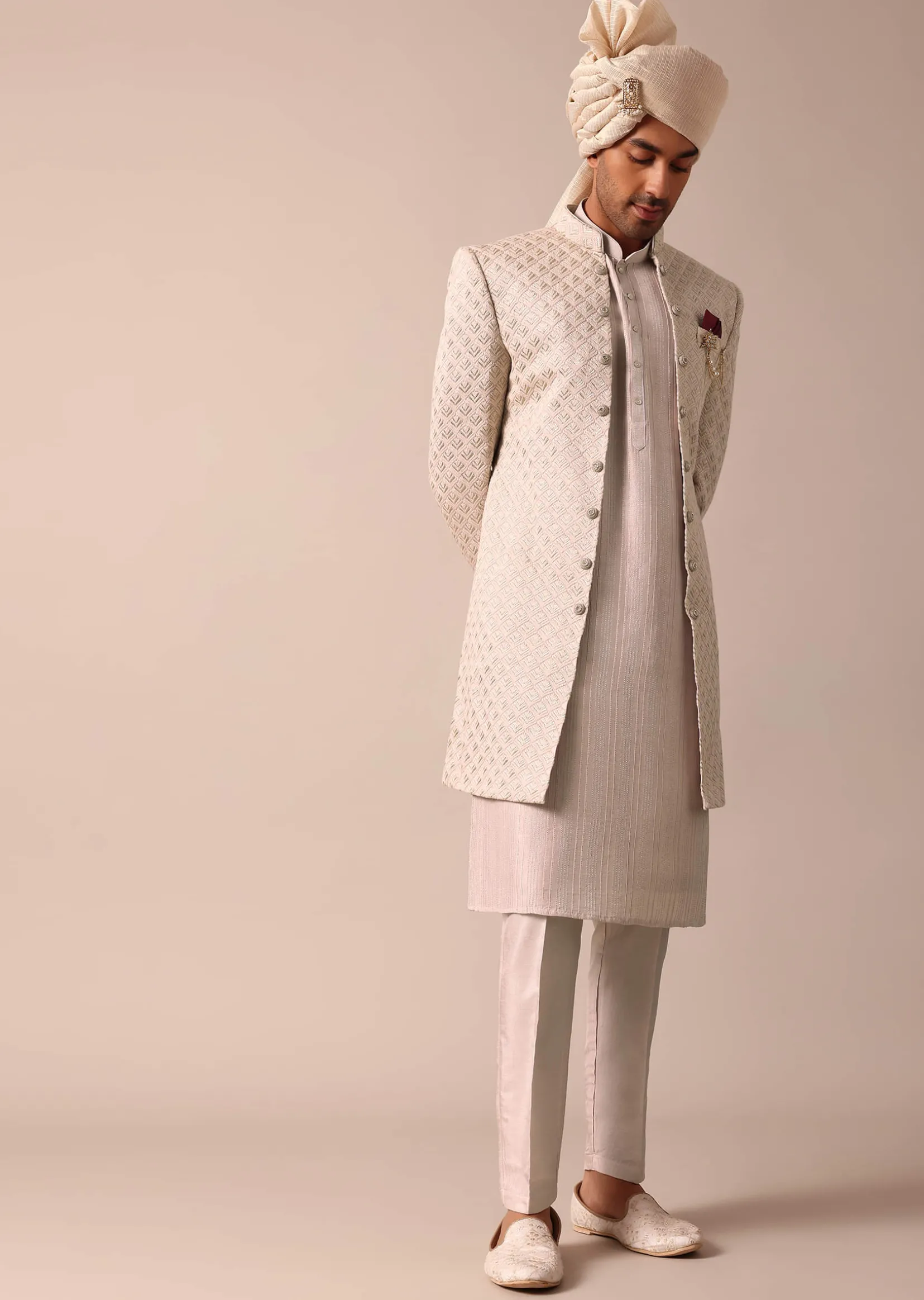Exquisite Beige Silk Sherwani With Intricate Embroidery