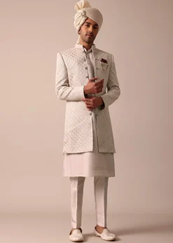 Exquisite Beige Silk Sherwani With Intricate Embroidery
