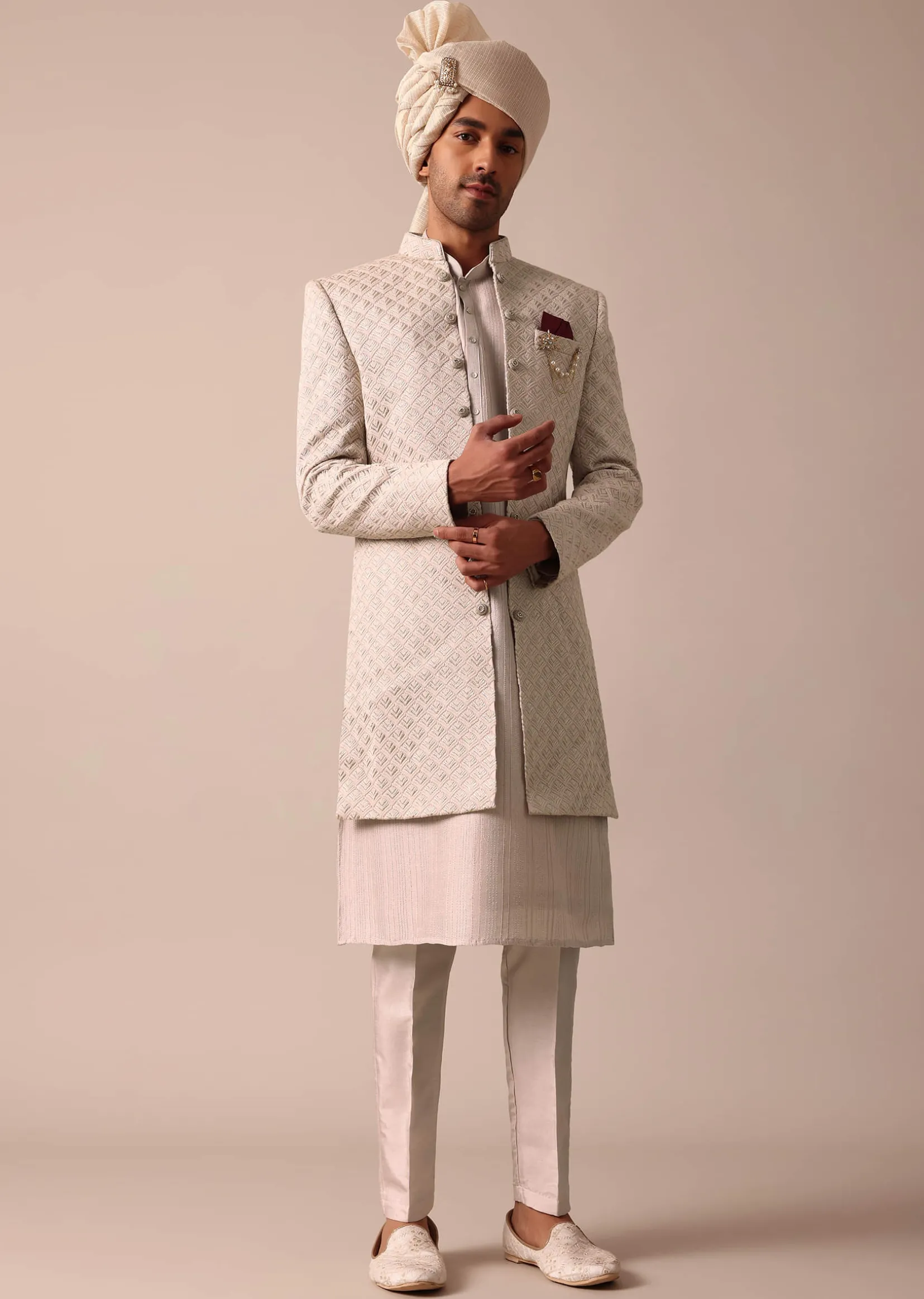 Exquisite Beige Silk Sherwani With Intricate Embroidery