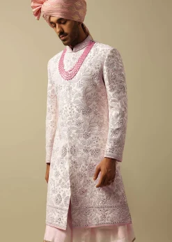 Exquisite Pink Raw Silk Sherwani