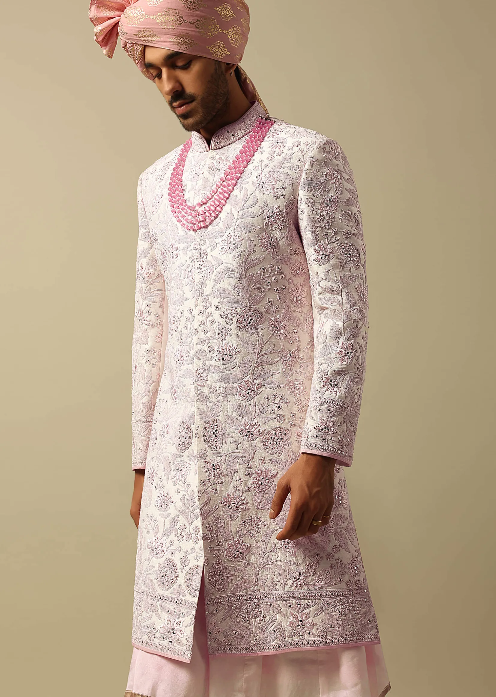 Exquisite Pink Raw Silk Sherwani