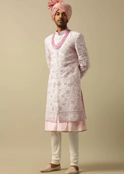 Exquisite Pink Raw Silk Sherwani