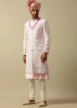 Exquisite Pink Raw Silk Sherwani