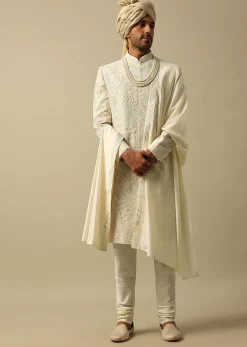 Exquisite White Raw Silk Sherwani Set