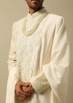 Exquisite White Raw Silk Sherwani Set