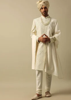 Exquisite White Raw Silk Sherwani Set