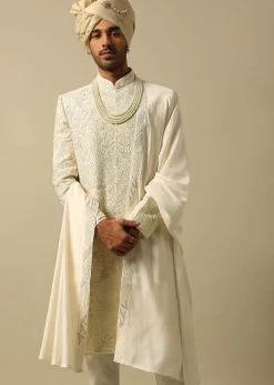 Exquisite White Raw Silk Sherwani Set