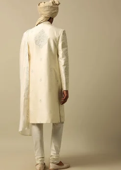 Exquisite White Raw Silk Sherwani Set