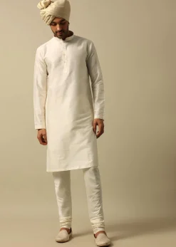 Exquisite White Raw Silk Sherwani Set