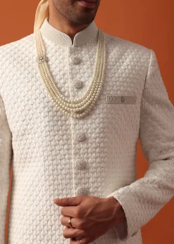 Exquisite White Silk Sherwani Set With Intricate Embroidery