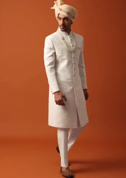 Exquisite White Silk Sherwani Set With Intricate Embroidery
