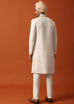 Exquisite White Silk Sherwani Set With Intricate Embroidery